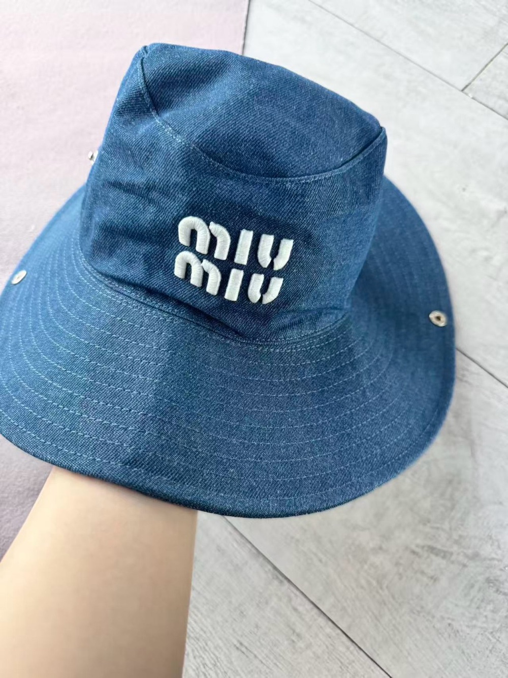 Miu Miu Navy Denim Bucket Hat with White Logo